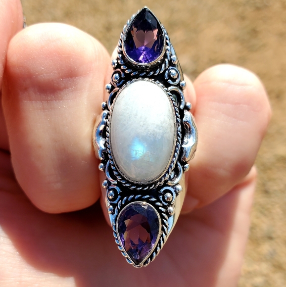 New Rainbow Moonstone & Amethyst 925 Silver Statement Ring. - Picture 10 of 16
